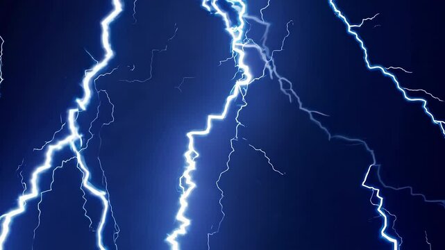 Electric blue lightning bolts in dark night sky, striking energy and dynamic movement. Natural phenomena and power concept