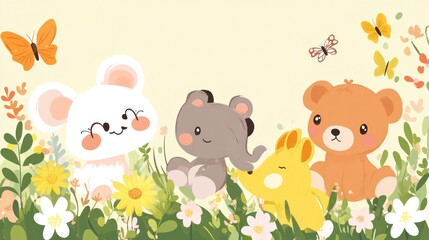 Naklejka premium Cute cartoon animals in a flower garden, sitting amongst colorful flowers and butterflies.
