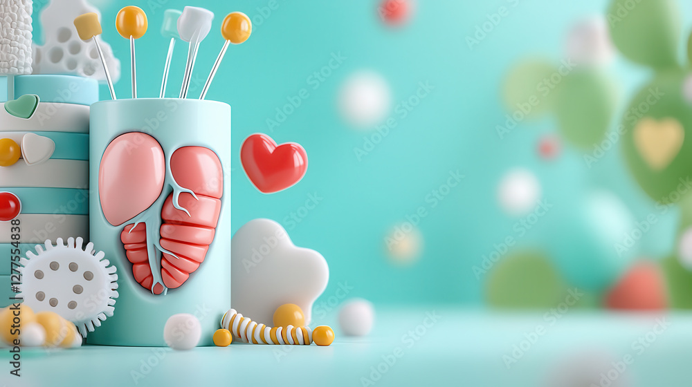 Aufkleber colorful 3d illustration of organ transplantation technology, featuring stylized organs and medical 