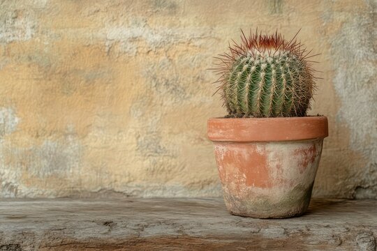 A close-up shot of a Notocactus magnificus in a classic terracotta pot, sitting on a rustic wooden surface.