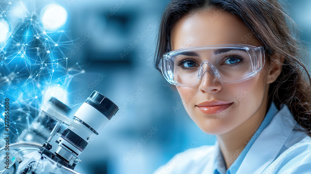 Aufkleber scientist wearing safety goggles smiles confidently while working with microscope in laboratory, surrounded by digital network graphics, symbolizing innovation and technology