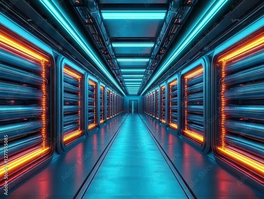 Poster futuristic data center design modern architecture digital infrastructure high-tech environment wide-