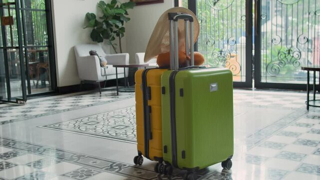 Long no people shot of colorful suitcases, straw hat and pillow in hall of elegant hotel with glass door
