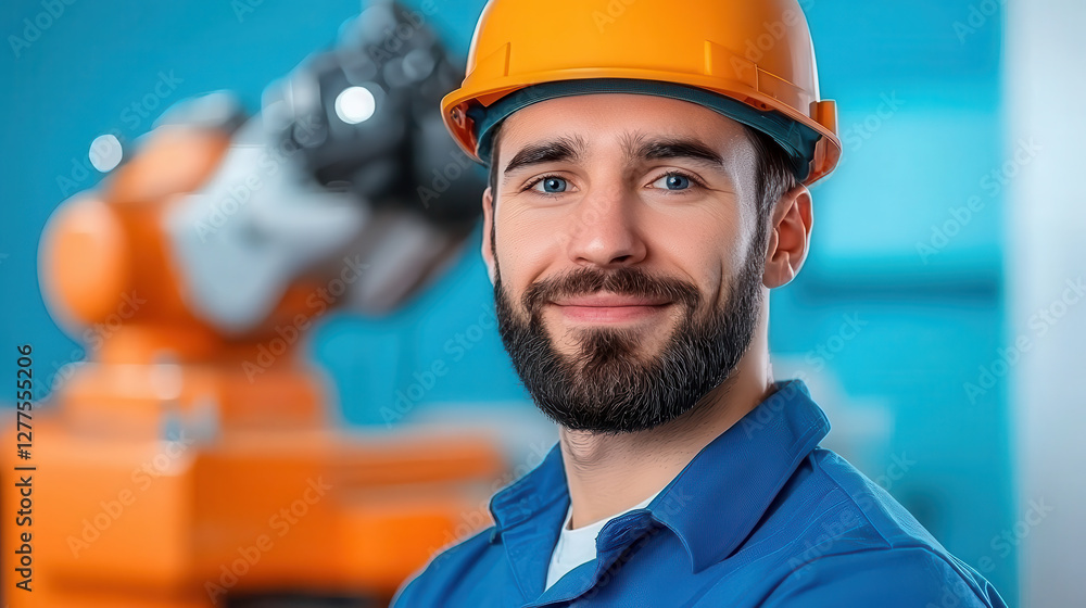 Fototapete smiling engineer wearing hard hat stands in front of industrial machinery, showcasing modern manufac