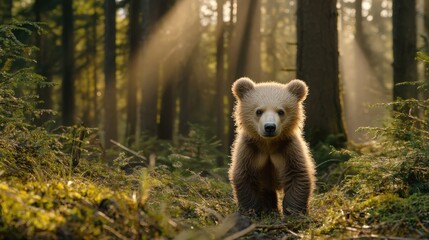 Obraz premium Young Brown Bear in Forest with Sunlight Filtering Through Trees