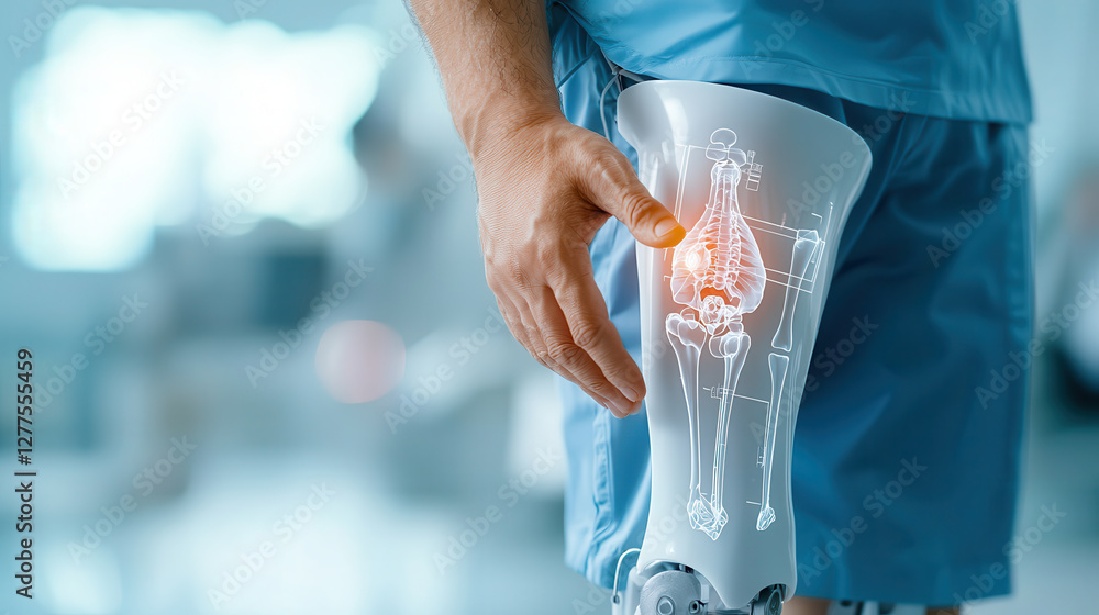 Fototapete person interacts with AI powered medical cast displaying real time healing data on digital interface. advanced technology highlights integration of healthcare and innovation