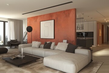 Wall and sofa in 2025 trend color, stylish living room, 3D rendering.