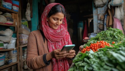 Financial Inclusion Woman Vendor Uses Mobile Banking App