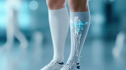 person wearing white compression socks with digital overlay of leg skeleton, symbolizing advanced medical technology for leg health and support