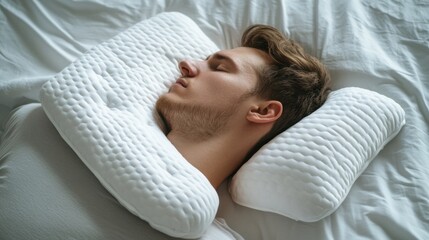 Chronic back pain relief using a supportive sleeping pillow. Featuring spinal alignment and comfort