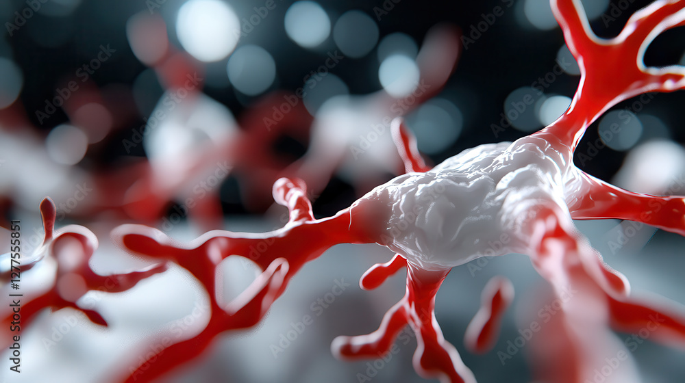 Poster close up view of futuristic synthetic blood vessel network, showcasing intricate red and white struc