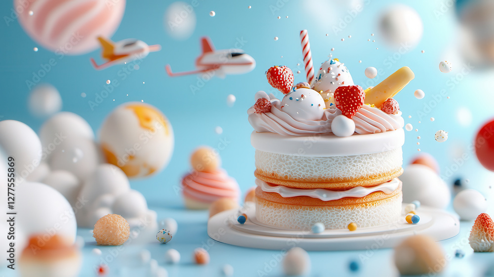 Leinwandbilder whimsical 3d printed cake with strawberries and cream, set in futuristic space themed environment wi