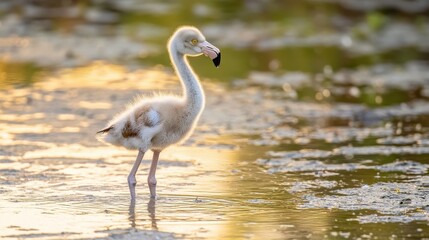 Obraz premium Young Flamingo Chick Standing in Shallow Water at Sunset Light