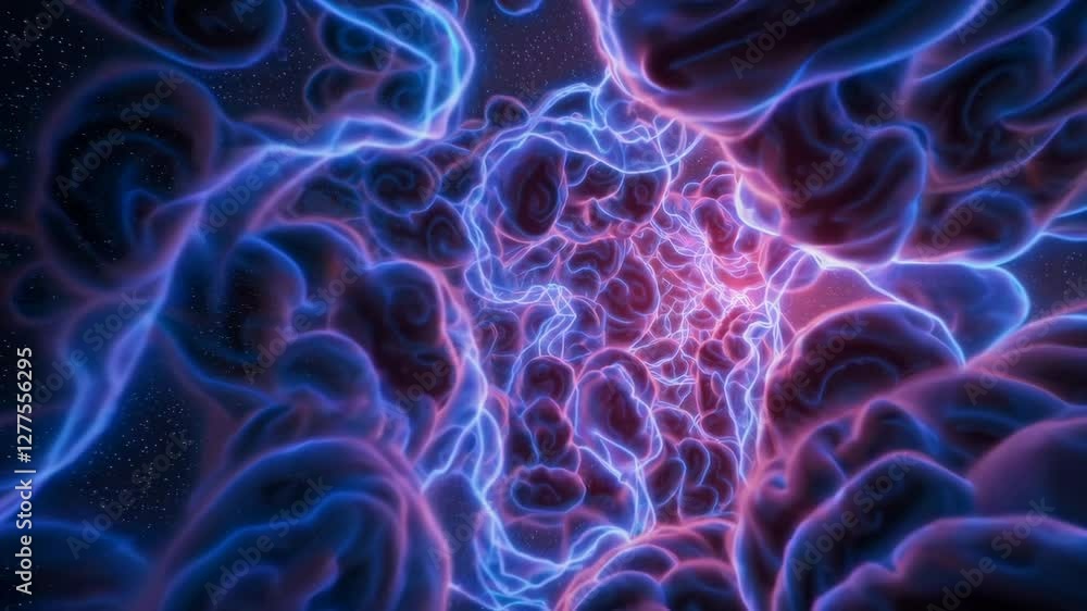 Poster abstract neural pathways with glowing purple and blue colors, intricate design and depth. futuristic