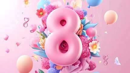 3D Illustration of Number "8" Surrounded by Flowers and Balloons on Pink Background with Colorful Floral Decorations, Cute Cartoon Style