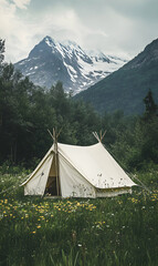Picturesque camping getaway with canvas tent amidst lush meadows and snowy mountain