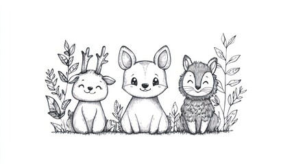 Cute cartoon animals in a forest setting. Three stylized animals, a deer, a fox, and a wolf, sit together in a whimsical forest scene, surrounded by simple plants and leaves.