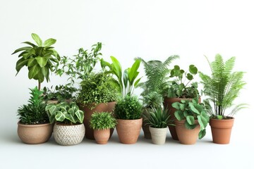 Fototapeta premium A collection of lush, vibrant green houseplants in assorted ceramic and clay pots, studio lighting, highly detailed rendering, hyper-realistic texture