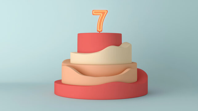 Colorful seven tiered birthday cake with smooth layers and bright number 7 on top, Happy Birthday 7 Anniversary Theme.