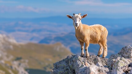 Fototapeta premium Young goat standing on rocky mountain peak with scenic landscape in the background