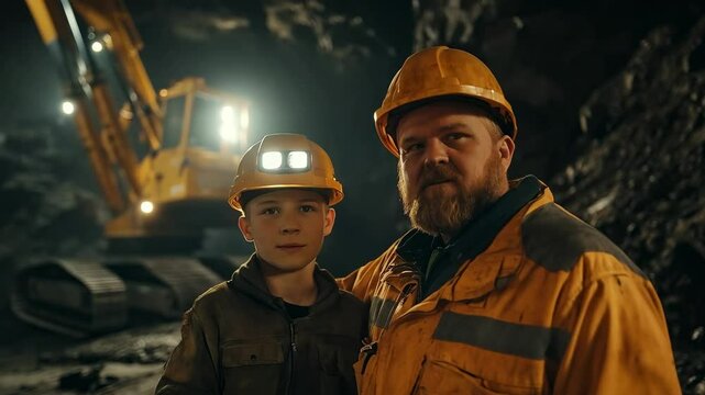 A Heartwarming Moment of a Miner and His Son in a Dark Mine, Showcasing Their Bond Amidst the Hardworking Environment of Underground Excavation