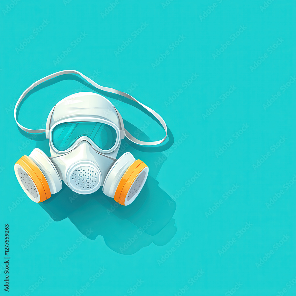Poster white protective mask with orange filters and strap is displayed on bright turquoise background, cas