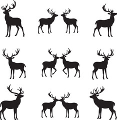 Fototapeta premium Wild deer silhouette set, vector art of graceful deer with black mane and tail, nature-inspired dynamic poses for digital and print design