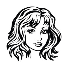 Stylized portrait of a young woman with flowing hair in a classic black and white design