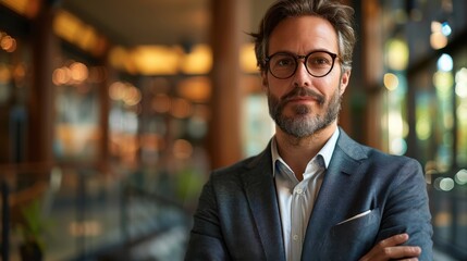 Fototapeta premium Confident Professional Man with Glasses Posing in Modern Indoor Space with Soft Lighting and Elegant Atmosphere