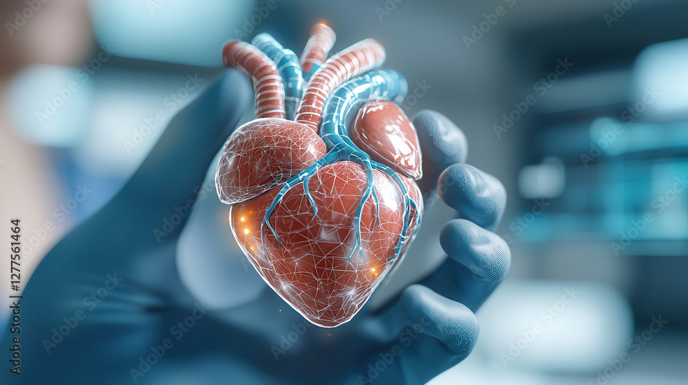 Leinwandbilder gloved hand holds digital representation of human heart, showcasing advanced technology in medical s