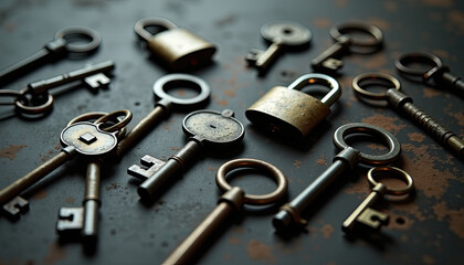 Assortment of Keys and Padlocks on a Dark Background