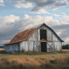 Obraz premium Rural Nostalgia: Echoes of the Past in a Weathered Wooden Barn Amidst a Rolling Field Under Blue Skies