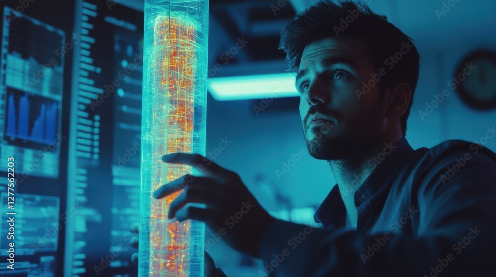 Poster focused scientist analyzing transparent data visualization in lab