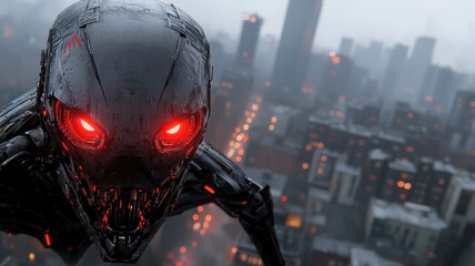 Fototapeta premium A giant war machine towering over a post-apocalyptic city, glowing red eyes, smoke rising, dystopian cyberpunk, ultra-detailed, cinematic shot,