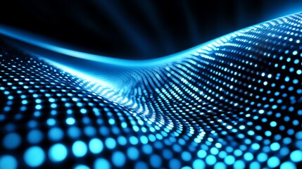 Abstract blue sound wave with dots and lines on a black background. Hyper-realistic, cinematic, and perfect for tech-themed banners, posters, or presentations.