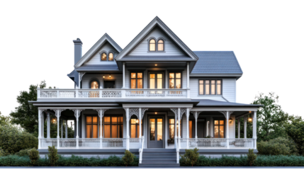 A beautiful Victorian-style house with intricate architectural details, surrounded by lush greenery. The warm lights illuminate the inviting exterior.