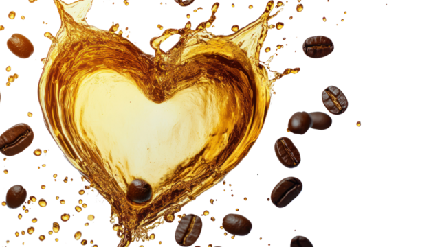 A beautiful splash forming a heart shape, surrounded by coffee beans, representing love for coffee and joy in every sip. Perfect for beverage promotions.