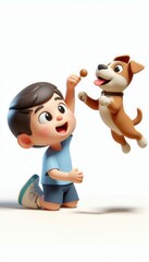 Boy playing with dog in animated scene indoor environment fun and joyful moment