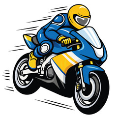 Cartoon motorcyclist in full gear riding a racing motorcycle with a dynamic and fast-paced design