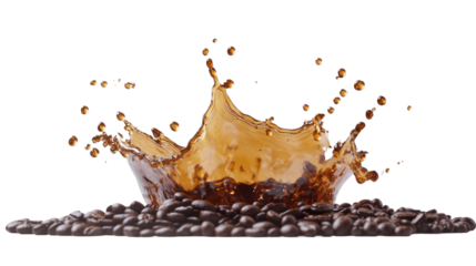 A captivating splash of coffee with vibrant droplets flying through the air, showcasing dynamic movement and rich coffee beans below for added texture.