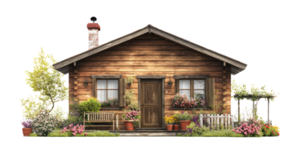A charming wooden cottage adorned with flowers and a lush garden, showcasing rustic architecture in a serene outdoor setting.