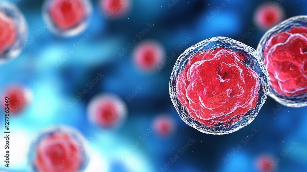 Poster this image depicts microscopic cells with a vibrant red color against a blue background, illustratin