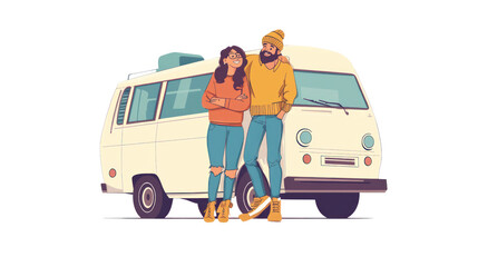 A cheerful couple standing next to a vintage camper van, enjoying a day out. Perfect for travel and adventure themed content.