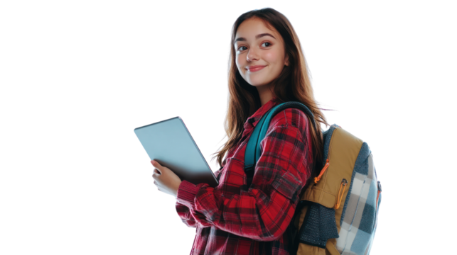 A cheerful student enjoys using a tablet while wearing a plaid shirt and a backpack, symbolizing modern education and technology integration.