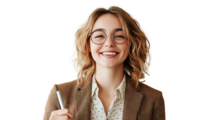 A cheerful woman with curly hair and glasses, dressed in a brown blazer, holds a pen and smiles warmly, exuding confidence in a professional setting.