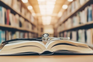 A concept image of an open medical book with a stethoscope resting on its pages, symbolizing the fusion of knowledge and practice in medicine