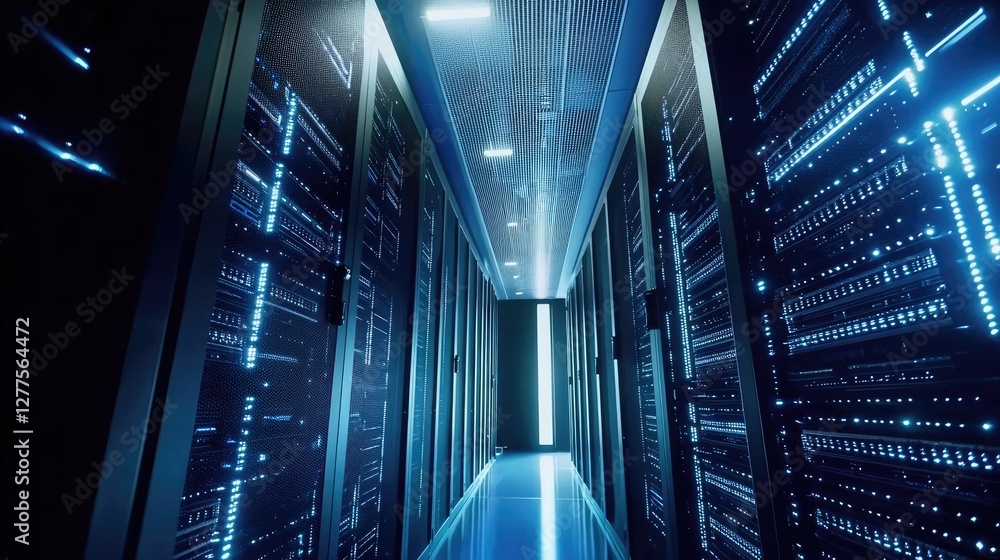 Poster Futuristic data center with glowing server racks in a sleek, high-tech corridor, symbolizing cloud computing, cybersecurity, and digital storage. Ideal for IT and technology concepts