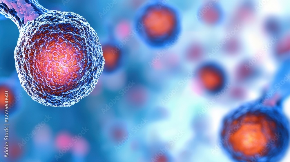 Poster a vibrant, microscopic view of cells with glowing nuclei, showcasing the intricate details of cellul