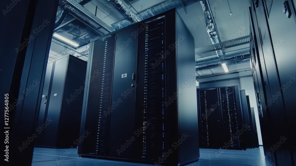 Poster Modern data center with large black server racks in a high-tech facility, symbolizing data storage, cloud computing, and cybersecurity. Ideal for IT, networking, and technology themes
