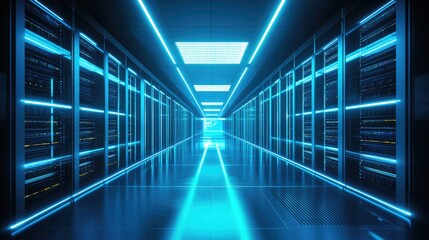 Fototapeta premium Futuristic data center with glowing blue server racks, symbolizing cloud computing, cybersecurity, and advanced network infrastructure. Ideal for IT, security, and digital solutions